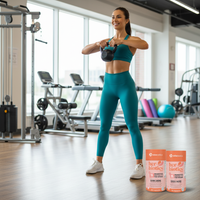 Active woman exercising with kettlebell in gym promoting Her-Biotics Sport Capsules multivitamin and probiotic supplement for endurance and muscle recovery