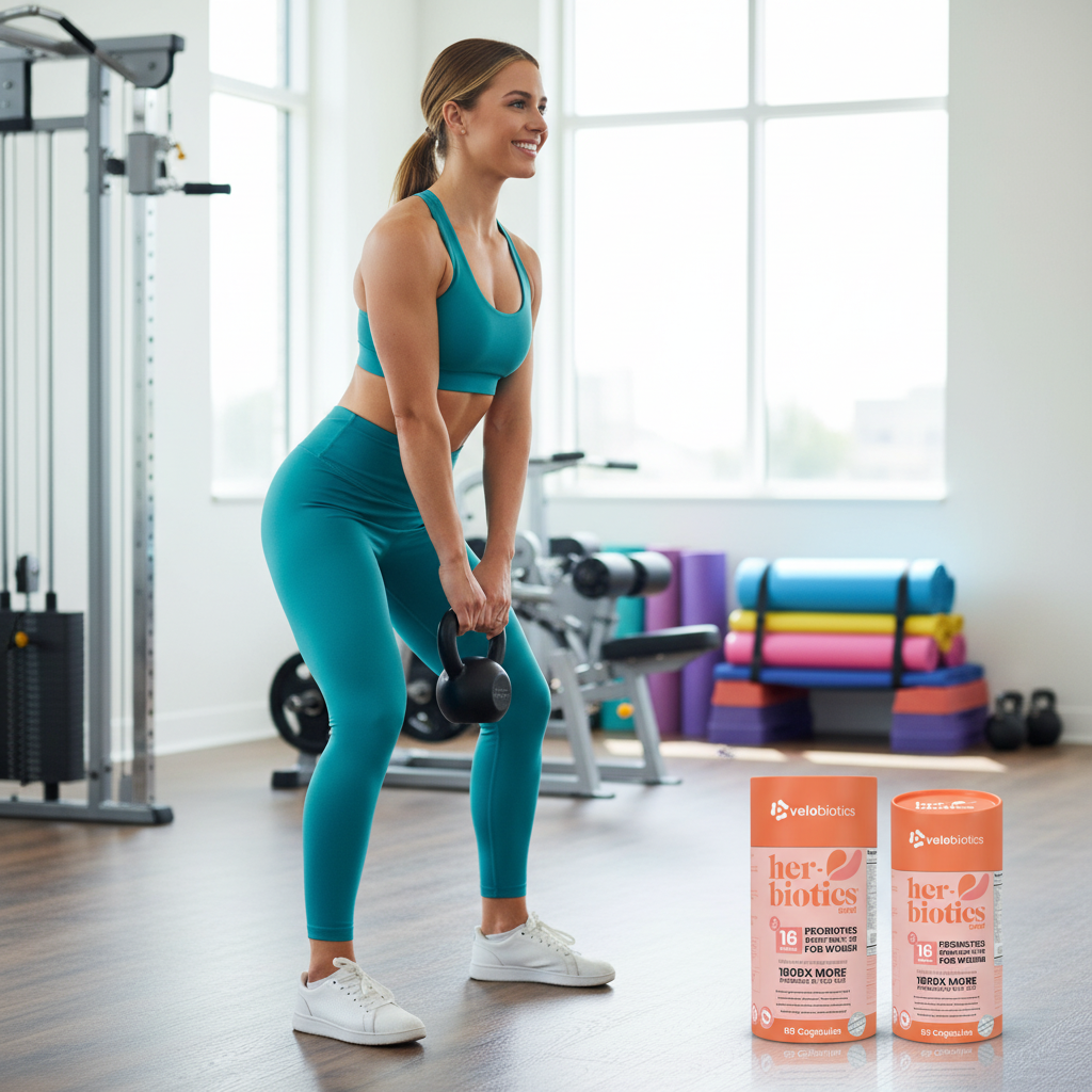 active woman exercising with kettlebells in gym next to Her-Biotics Sport Capsules multivitamin packaging