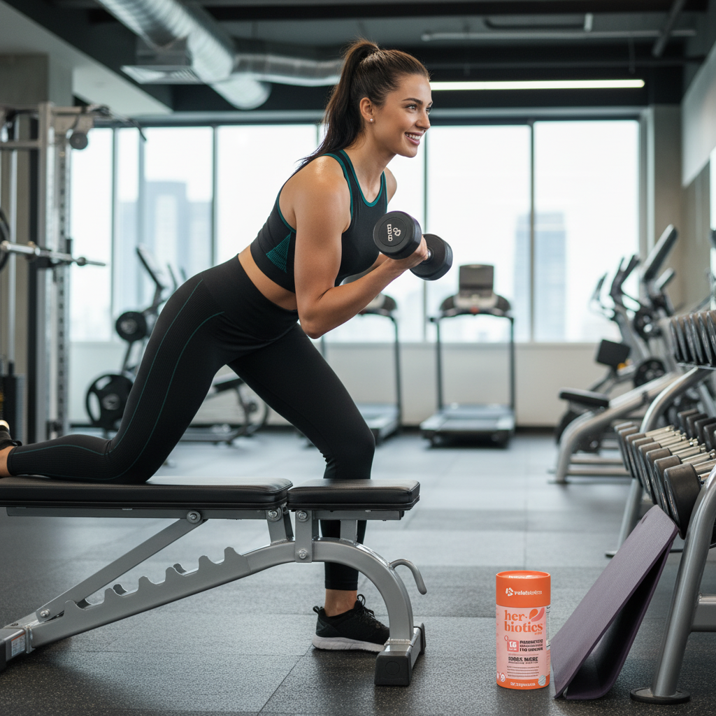 Active woman lifting weights in gym with Her-Biotics Sport Capsules for endurance and recovery visible on floor.