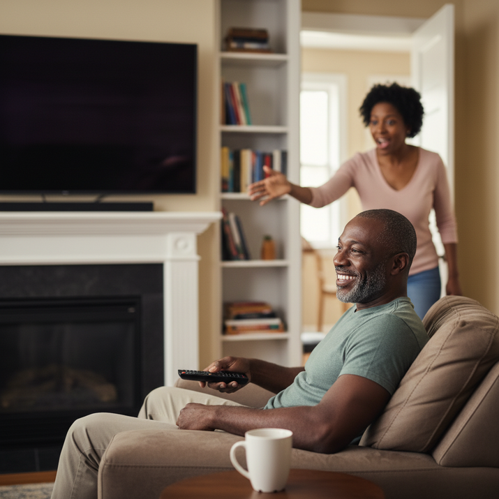 happy mature man relaxing on sofa with remote control in hand while woman gestures in background in living room