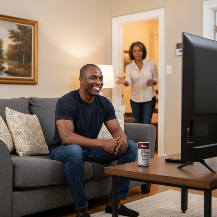 Man sitting on couch smiling with His-Biotics Testo Boost probiotic supplement on coffee table in living room
