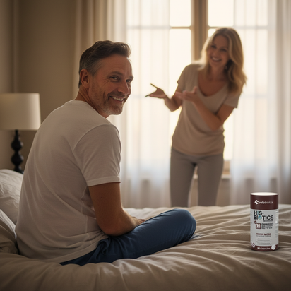 His-Biotics Probiotics Testo Boost supplement on bed with smiling middle-aged man and woman in bedroom background promoting male vitality and hormonal health.