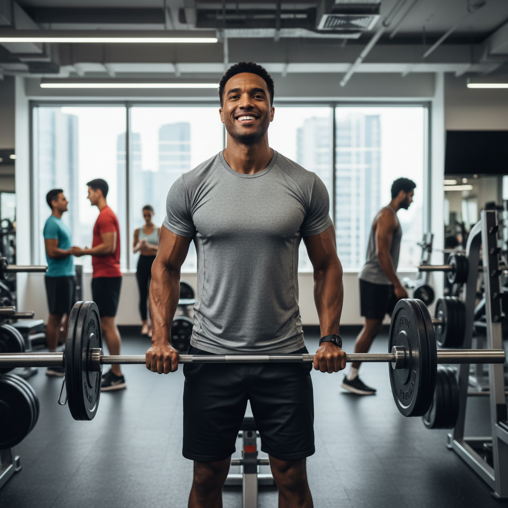 fit man lifting barbell in gym symbolizing strength and endurance benefits of His-Biotics Probiotics SPORT multivitamin capsules