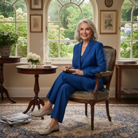mature woman in blue suit sitting in cozy room with large arched windows holding book promoting Her-Biotics Menopause Support multivitamin for women over 50