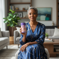 middle-aged woman holding Her-Biotics Menopause Support probiotics box in living room promoting women's health after 50