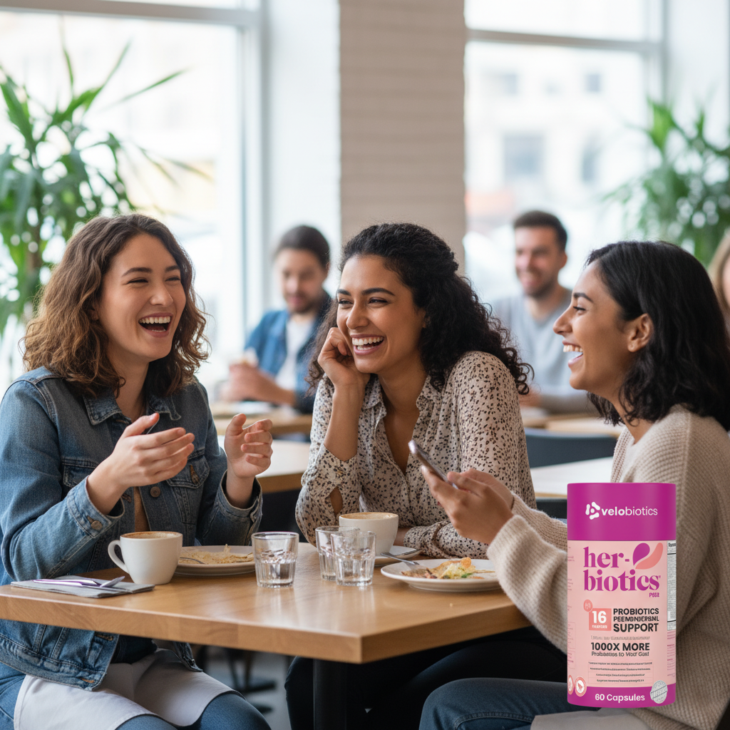 Three happy women laughing together at a cafe table with a box of Her-Biotics PMS Support probiotics supplement in the foreground.
