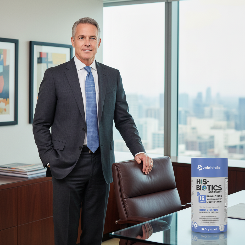 middle-aged man in business suit standing next to His-Biotics Original Ageless Vitality 50+ probiotic multivitamin box in office setting