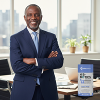 Confident mature man standing by office window with His-Biotics® Original AGELESS 50+ probiotic multivitamin box on desk