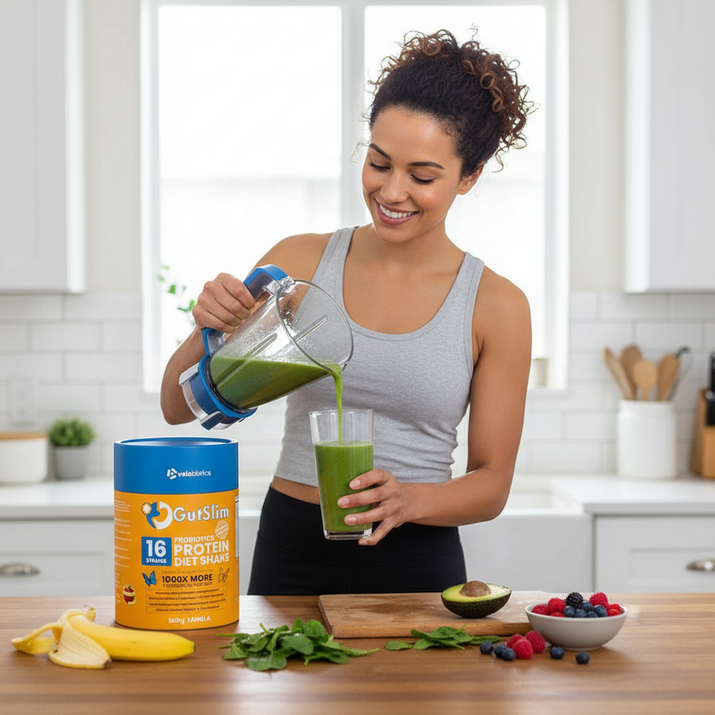 Woman pouring green GutSlim Probiotics Diet Shake into glass in bright kitchen with shake container, fresh fruits, and spinach on counter