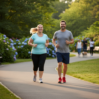 Active healthy couple jogging outdoors in park promoting GutSlim Probiotics wellness benefits