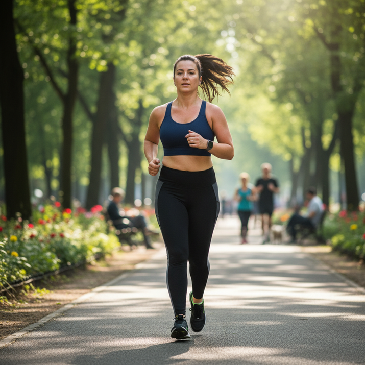 Active woman jogging in park symbolizing wellness and energy with GutSlim Probiotics GLP-1 Booster