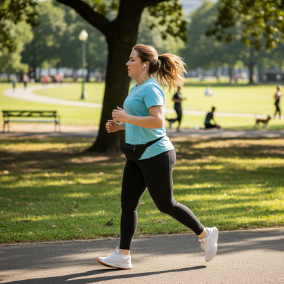 Woman jogging in park promoting GutSlim Probiotics for balanced blood sugar, metabolism, and gut health.