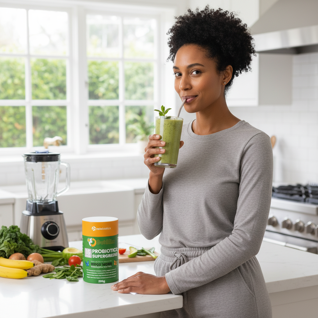 Woman in kitchen drinking green smoothie made with GutSlim Probiotics SuperGreens powder by blender and fresh vegetables on counter