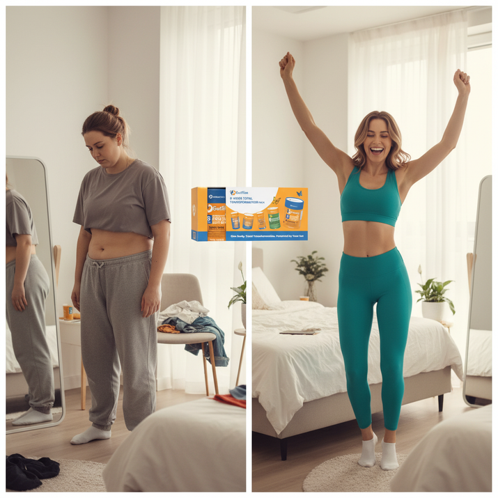 Before and after images of a woman showing weight loss and fitness transformation with the 6-Week Total Transformation GutSlim pack.