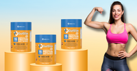GutSlim Probiotics Diet Shake displayed with a fit woman flexing muscles against a gradient background.