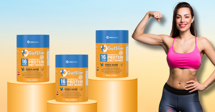 GutSlim Probiotics Diet Shake displayed with a fit woman flexing muscles against a gradient background.